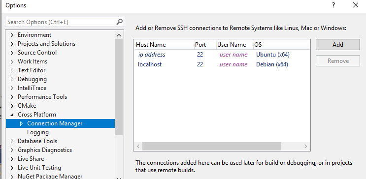 Schermopname van het dialoogvenster Opties met Cross Platform > Connection Manager geselecteerd.