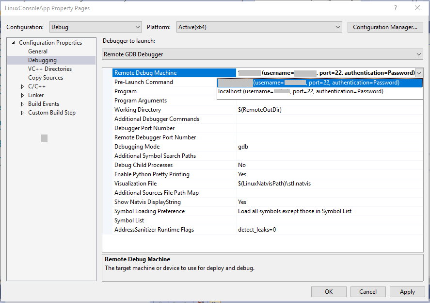 Screenshot showing the Linux remote debug machine property in the Property Pages dialog which shows the username, authentication type, and port.