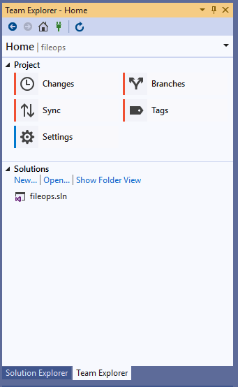 Schermopname van het Team Explorer-venster in Visual Studio 2019.