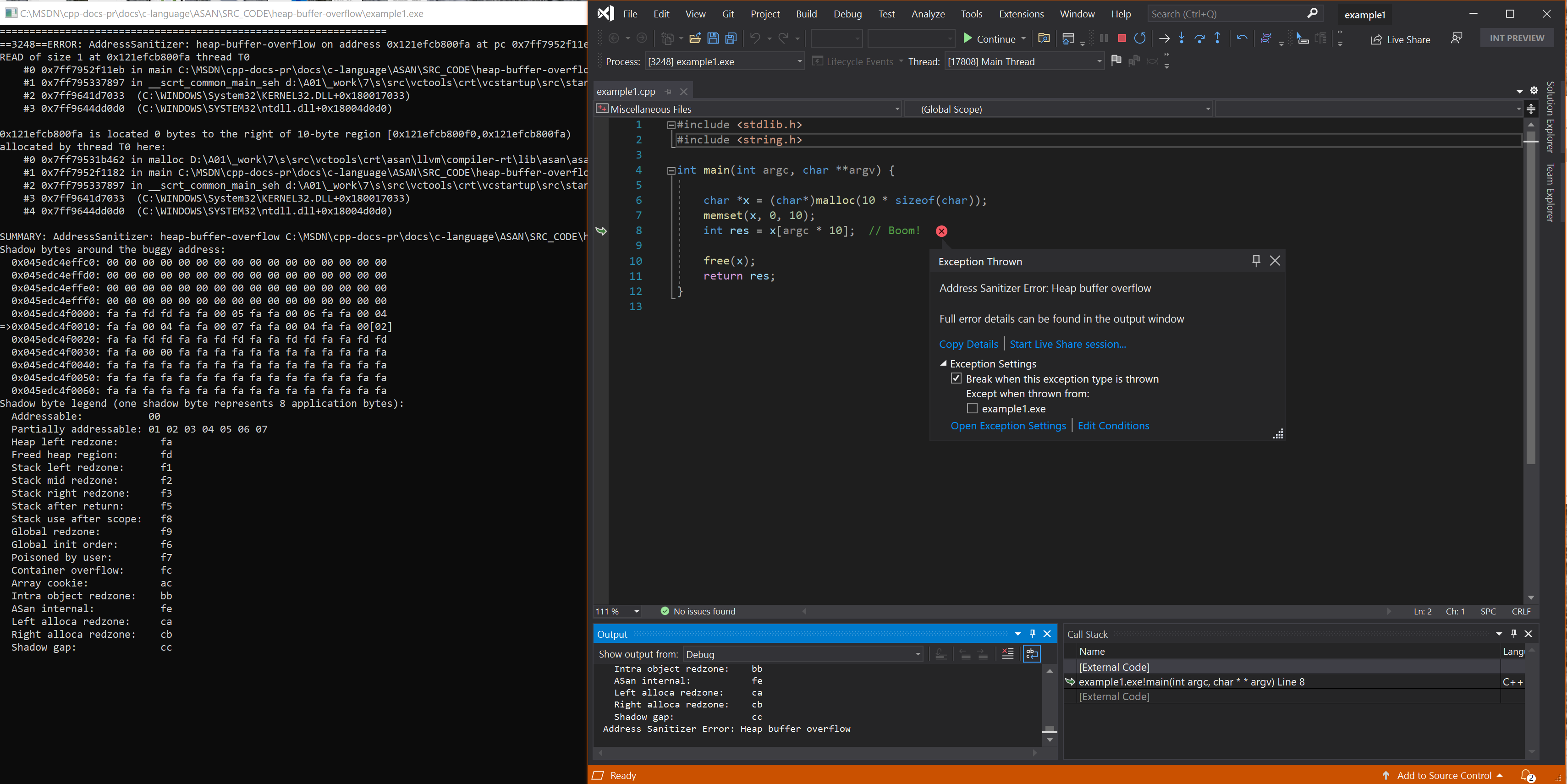 Schermopname van foutopsporingsprogramma met heap-buffer-overloopfout in voorbeeld 1.