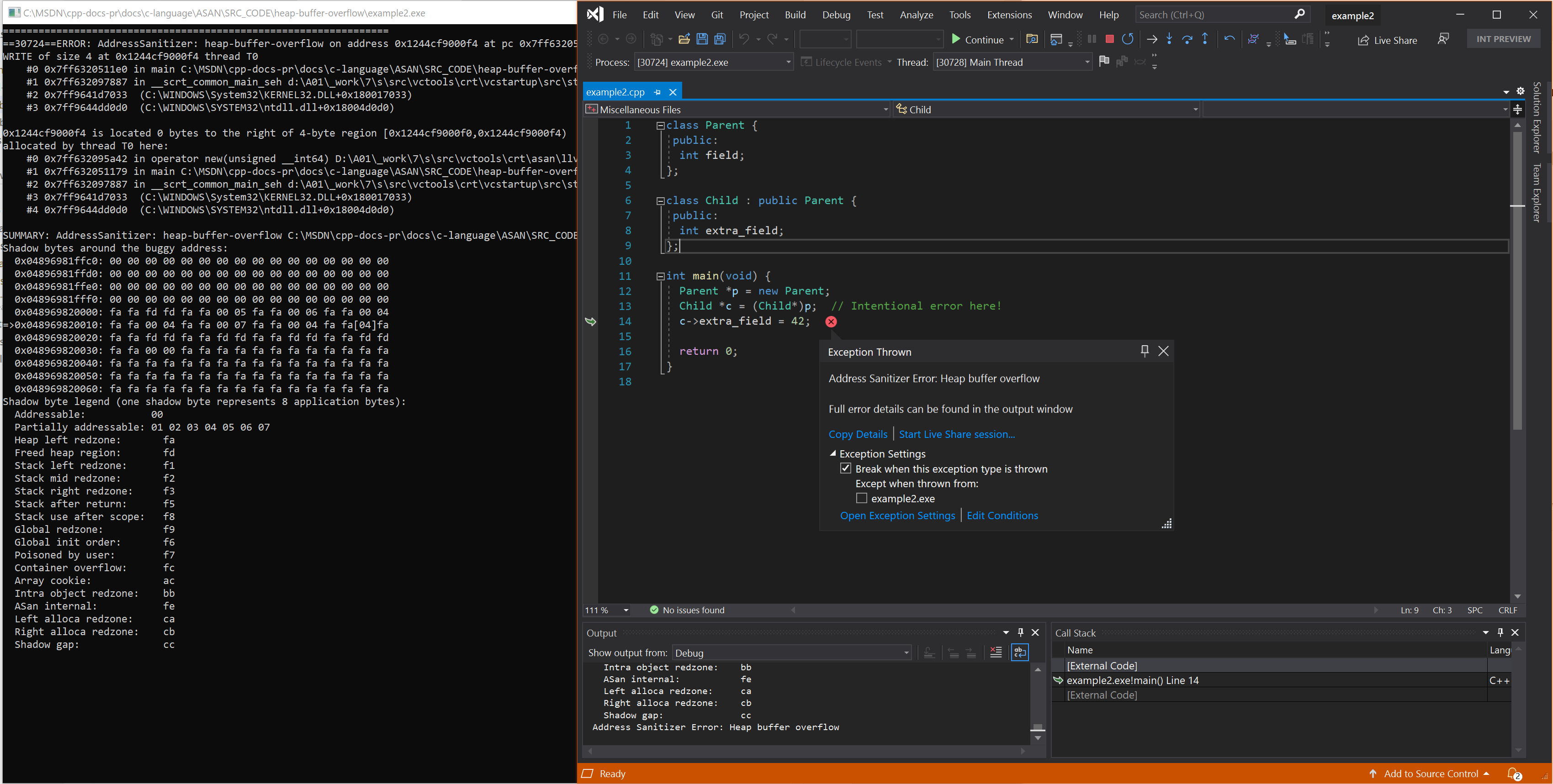 Schermopname van foutopsporingsprogramma met heap-buffer-overloopfout in voorbeeld 2.