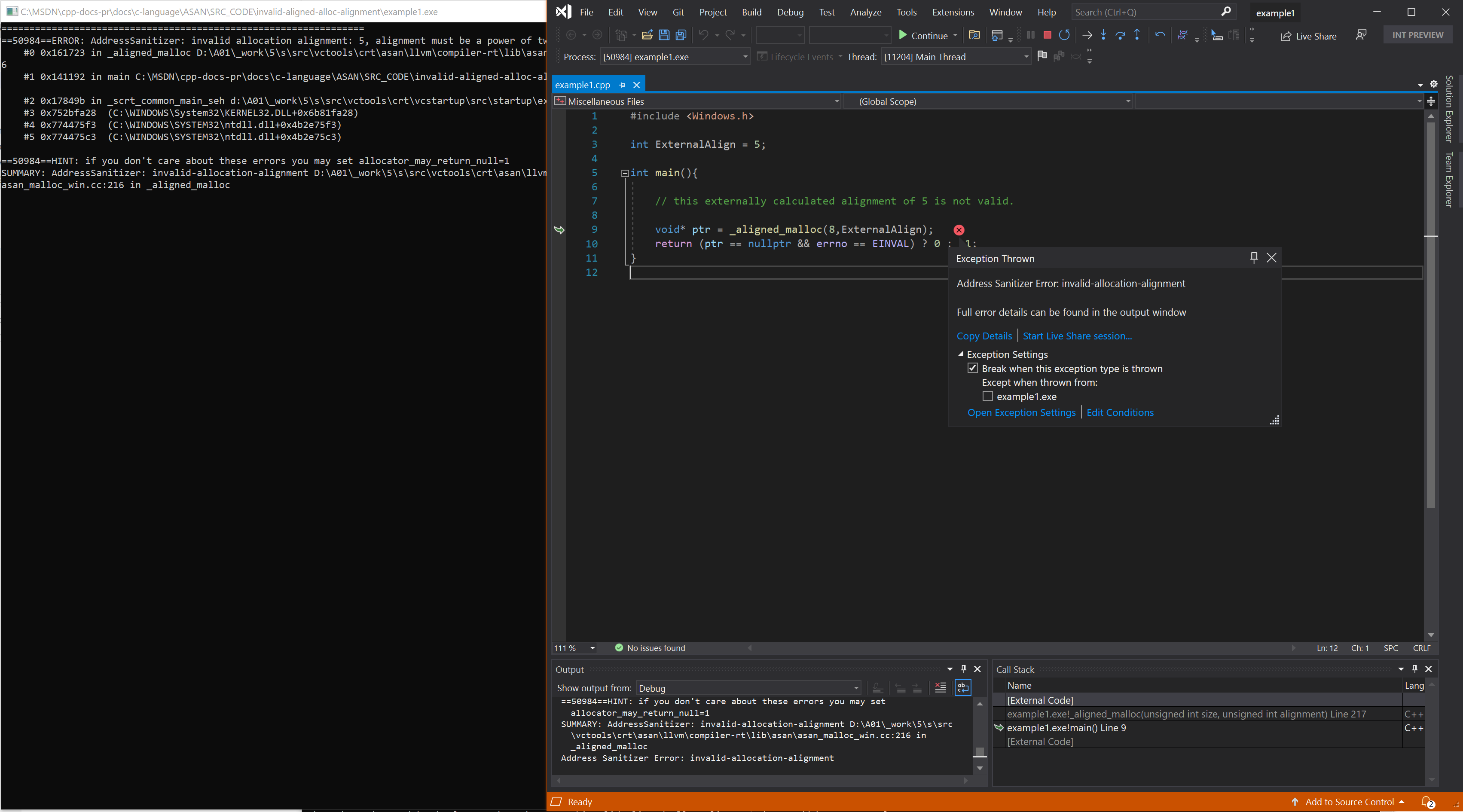 Schermopname van foutopsporingsprogramma met een ongeldige toewijzingsuitlijningsfout in voorbeeld 1.
