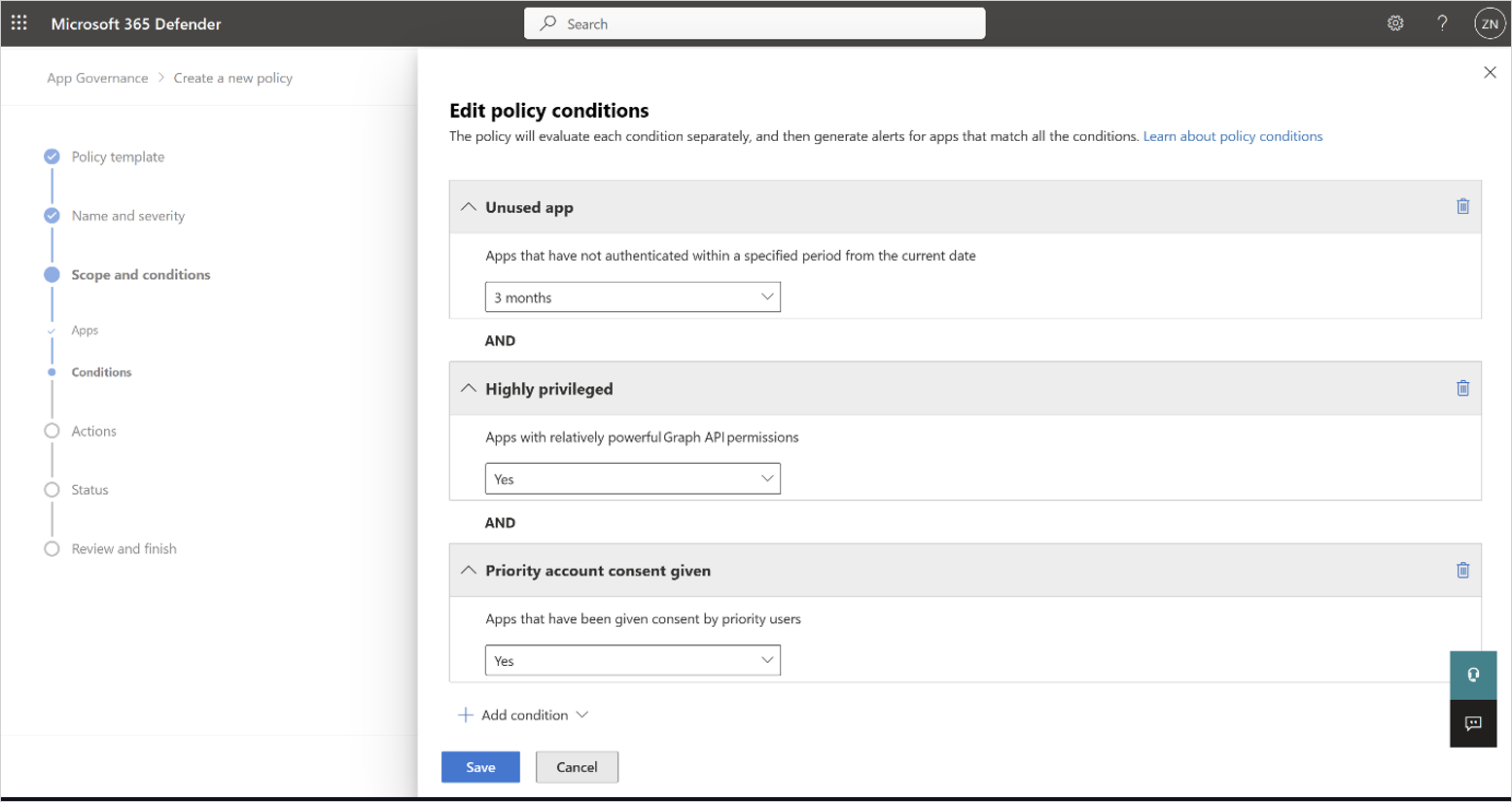 Screenshot of the Edit policy conditions page.