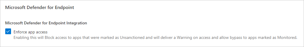 Screenshot van Microsoft Defender voor Eindpunt-instellingen met de optie 'App-toegang afdwingen' onder Cloud Discovery.
