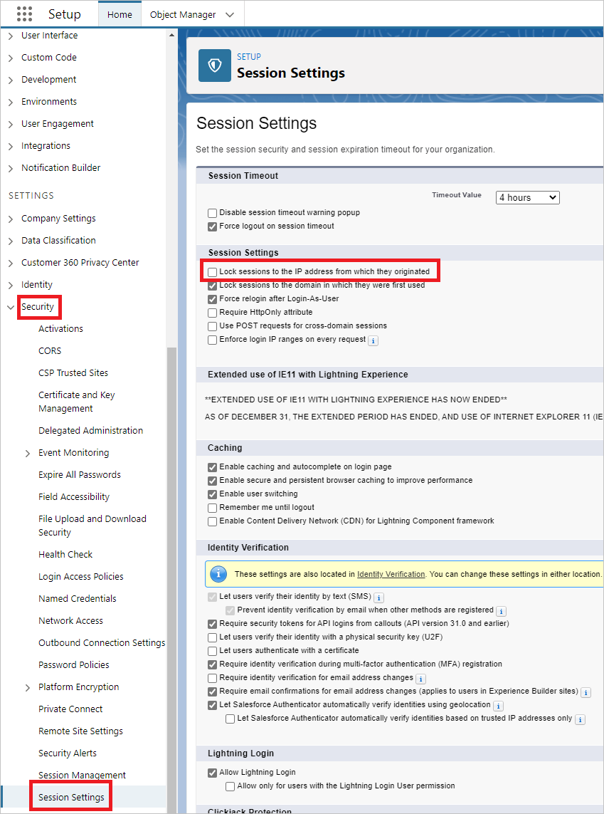 Salesforce session settings.