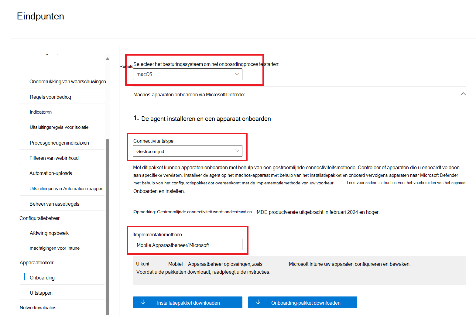 Schermopname van de pagina Onboarding met Implementatiemethode Mobile Apparaatbeheer/Microsoft Intune gemarkeerd.