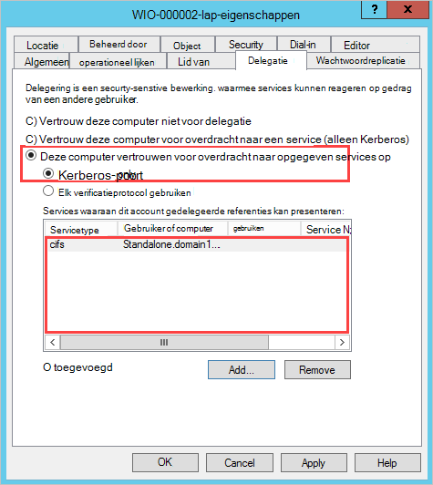 Schermopname van de optie om deze computer te vertrouwen voor alleen delegering naar opgegeven services.