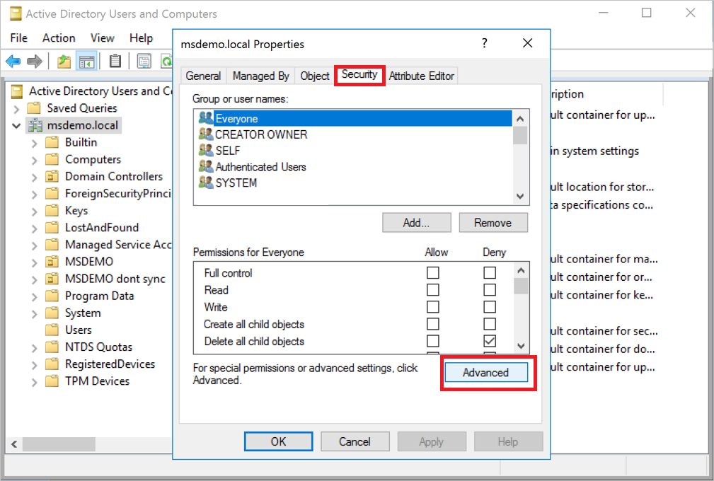 Screenshot of the advanced security properties dialog.