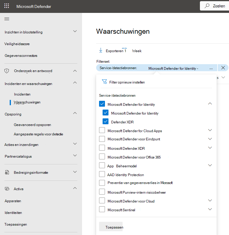 Schermopname van het filtermenu voor waarschuwingen per service.