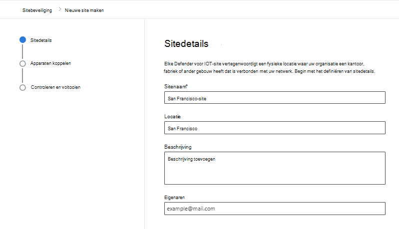 Schermopname van de details voor het maken van een nieuwe site op de pagina Sitebeveiliging van Microsoft Defender voor IoT in de Microsoft Defender portal.