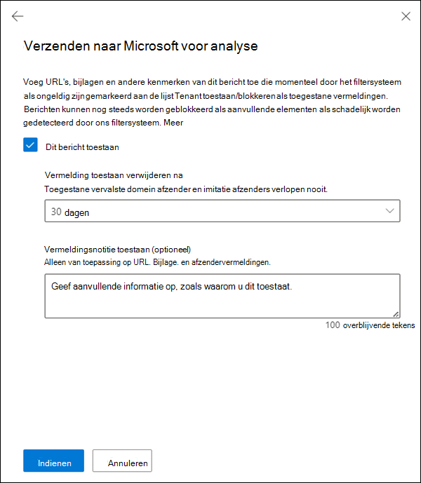 Kies of u een bijbehorende acceptatievermelding wilt maken voor de elementen van het bericht in de lijst Tenant toestaan/blokkeren.