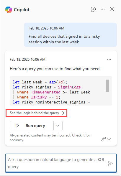 Schermopname van de Copilot-knop met De logica achter de query weergeven.