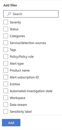 Alle filters die beschikbaar zijn in de wachtrij Waarschuwingen in de Microsoft Defender-portal