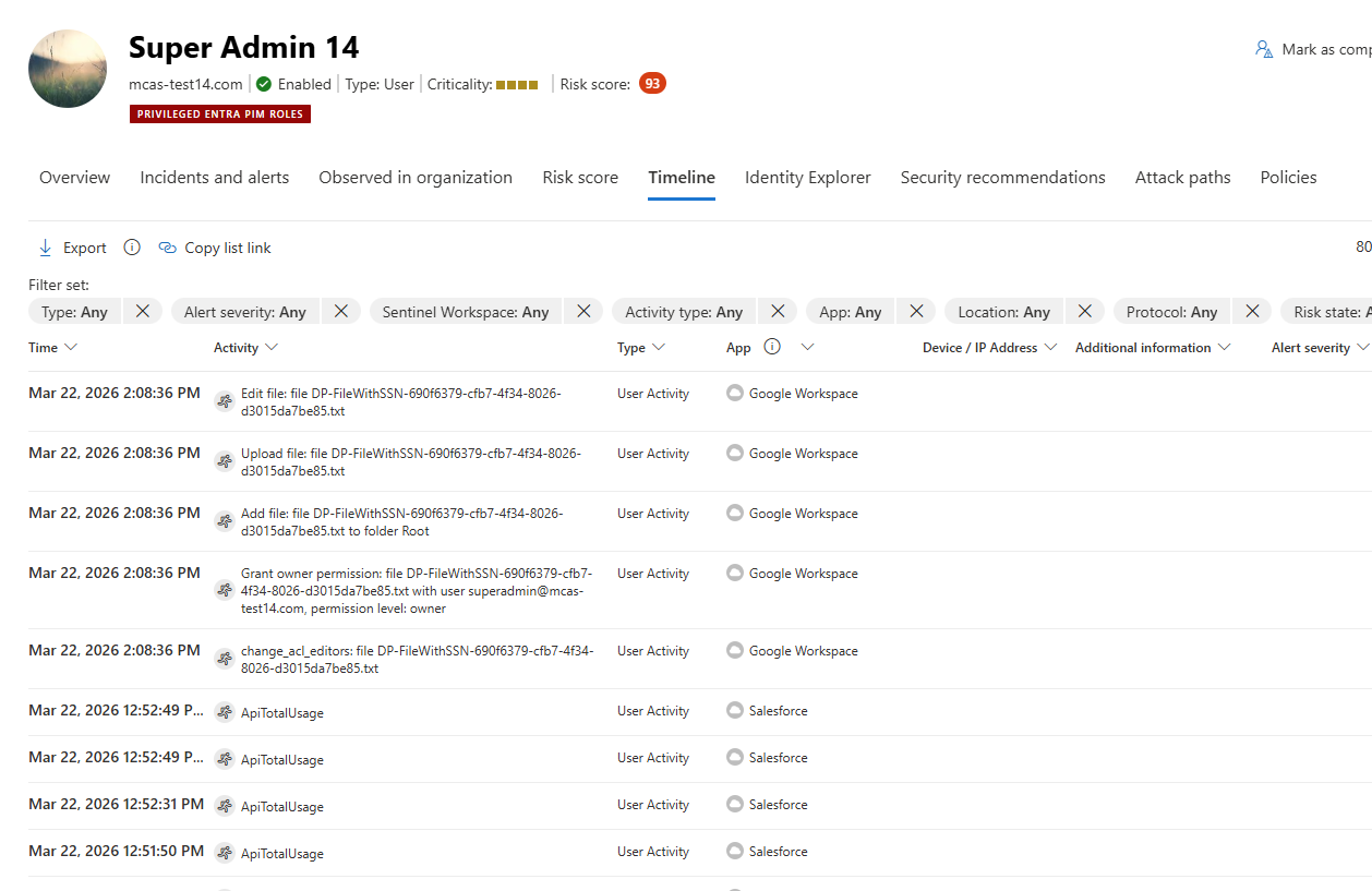 Schermopname van het tabblad Tijdlijn op de pagina Identiteit in Microsoft Defender.