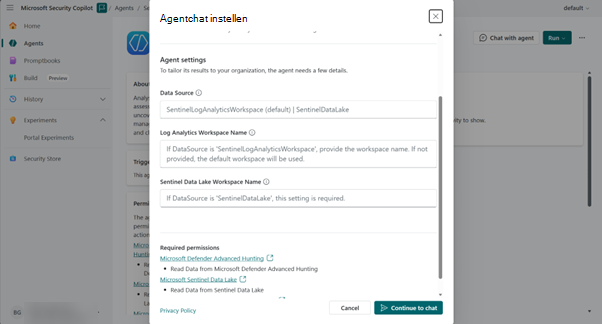 Afbeelding van Security Analyst Agent - Agent-chat instellen