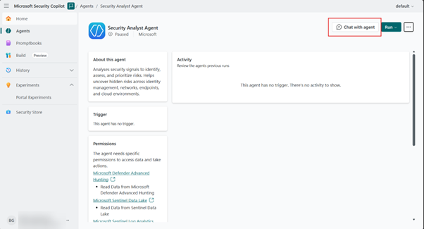 Afbeelding van Security Analyst Agent - chat met agentknop