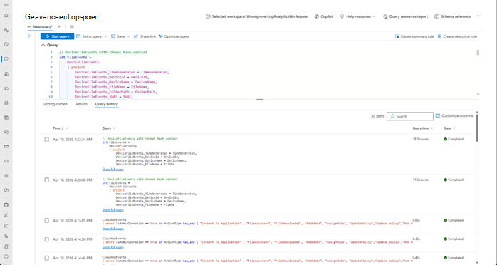 Schermopname van de selectie van Security Analyst Agent in Geavanceerde opsporing in Microsoft Defender.