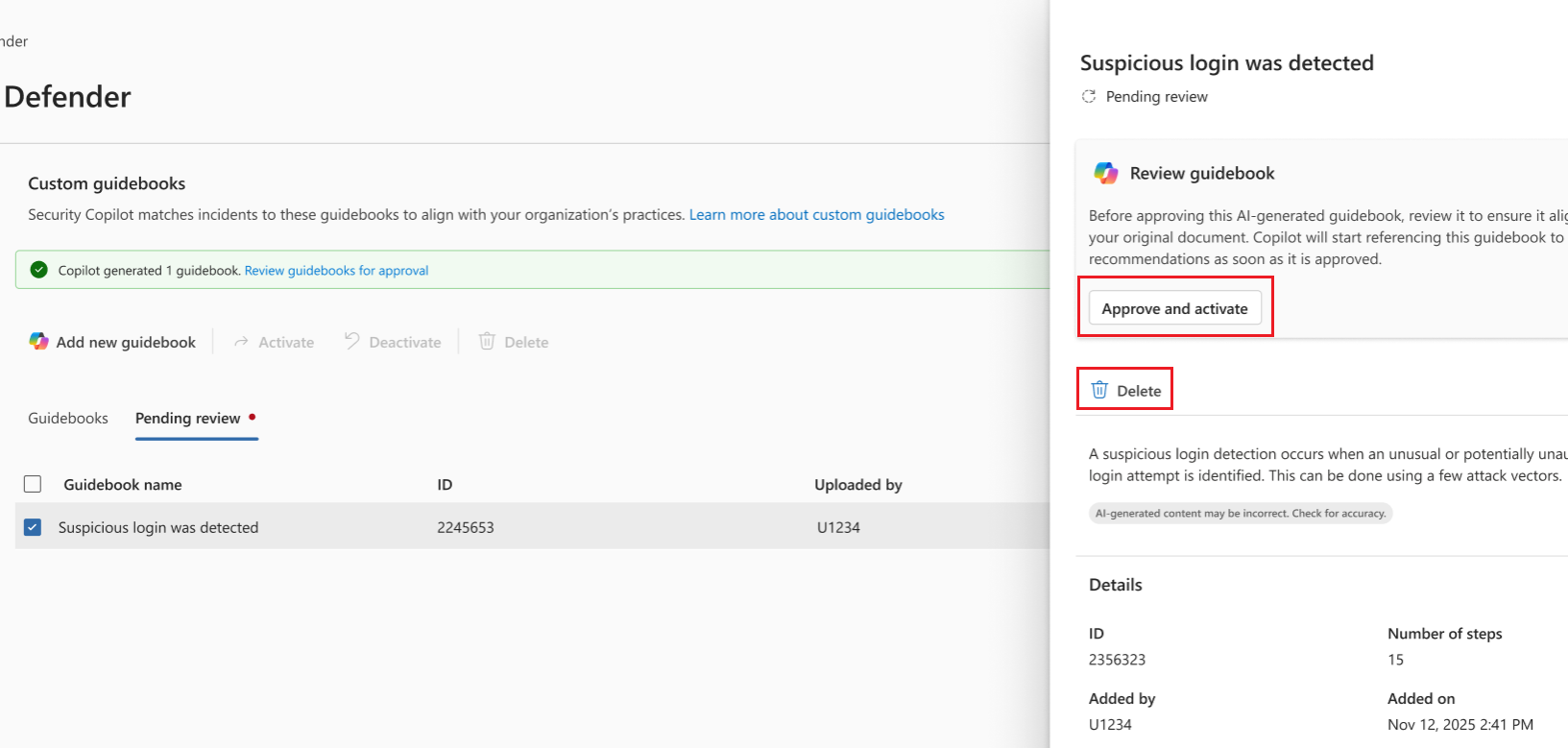 Schermopname van de knop goedkeuren en activeren voor geüploade gidsen.