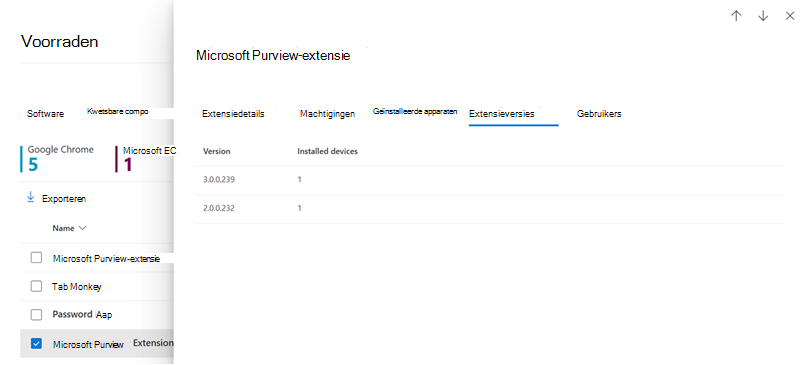 Schermopname van het tabblad Versies van browserextensies