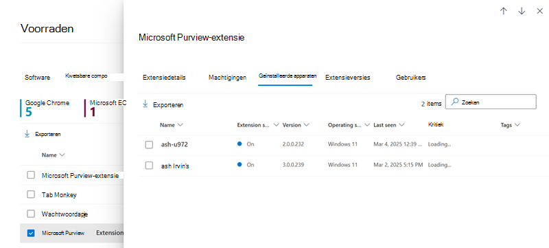 Schermopname van het tabblad Apparaten voor browserextensies