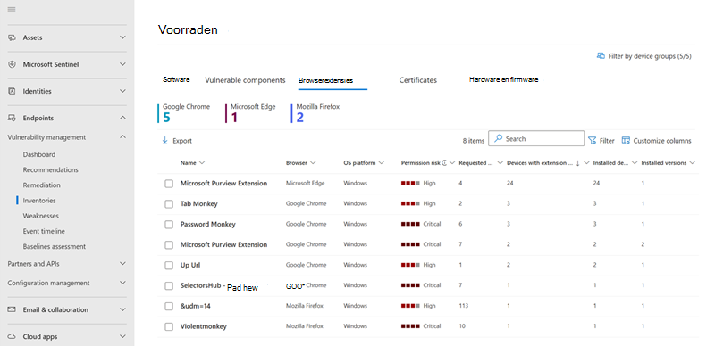 Schermopname van het tabblad Browserextensies