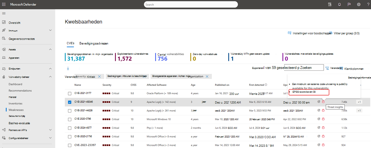 Schermopname van de epss-score voor zwakke punten in de knopinfo voor bedreigingen.