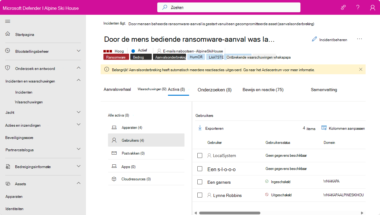 Schermopname van de pagina Gebruikers voor een incident in de Microsoft Defender-portal.