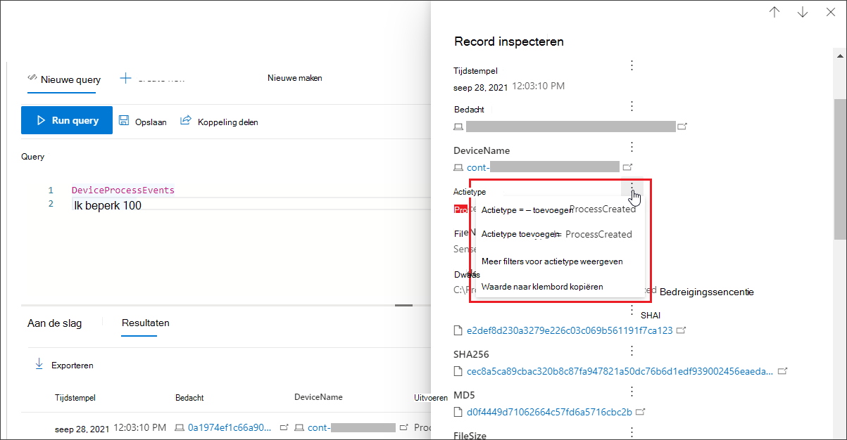 Het deelvenster Actietype op de pagina Record inspecteren in de Microsoft Defender-portal