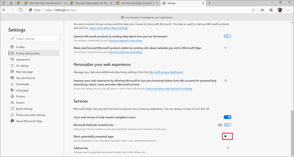 Turn on Microsoft Edge PUA in Settings