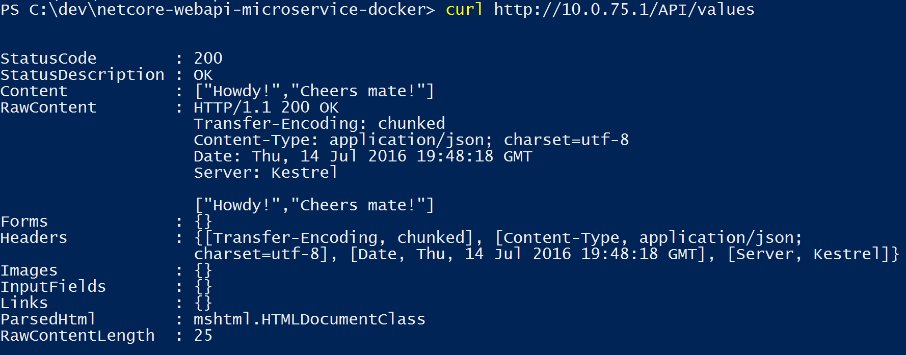 Console-uitvoer bij het ophalen van de http://10.0.75.1/API/values met curl.