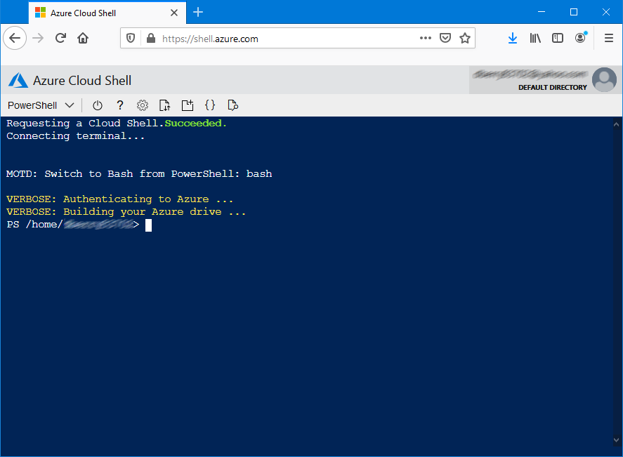 Schermopname van de Azure Cloud Shell die wordt uitgevoerd in een browser