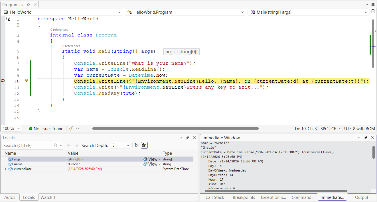 Locals en Directe Windows in Visual Studio