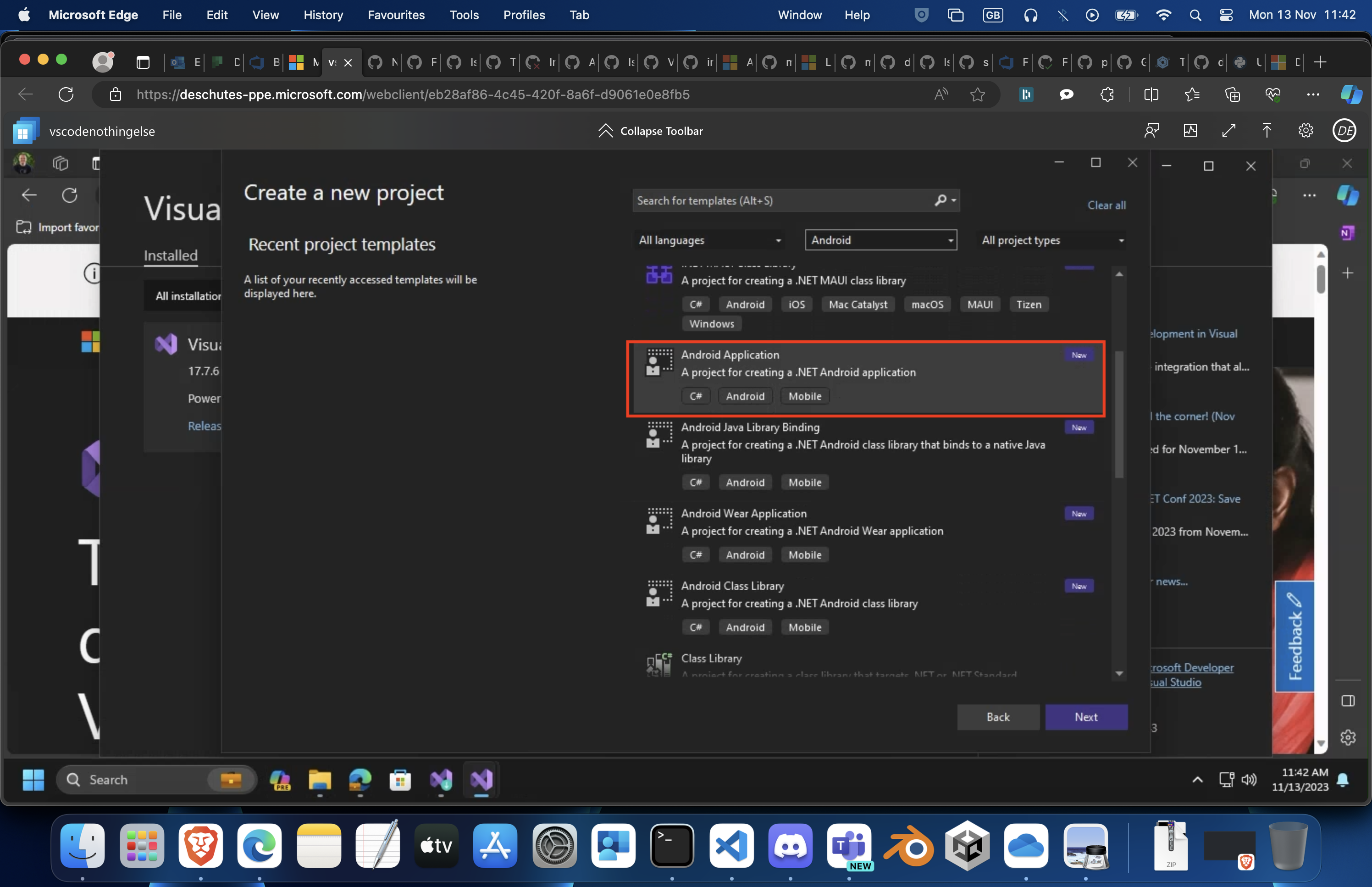 Selecteer de Android-toepassingssjabloon