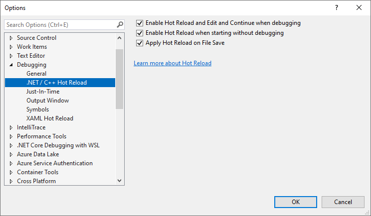 Visual Studio 2022: Hot Reload-configuratieopties in het dialoogvenster Extra > opties > voor foutopsporing van > .NET/C++ Hot Reload.