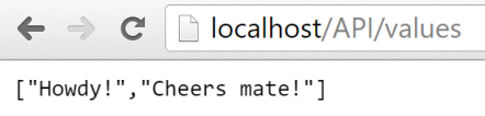 Schermopname van het antwoord van localhost/API/values.