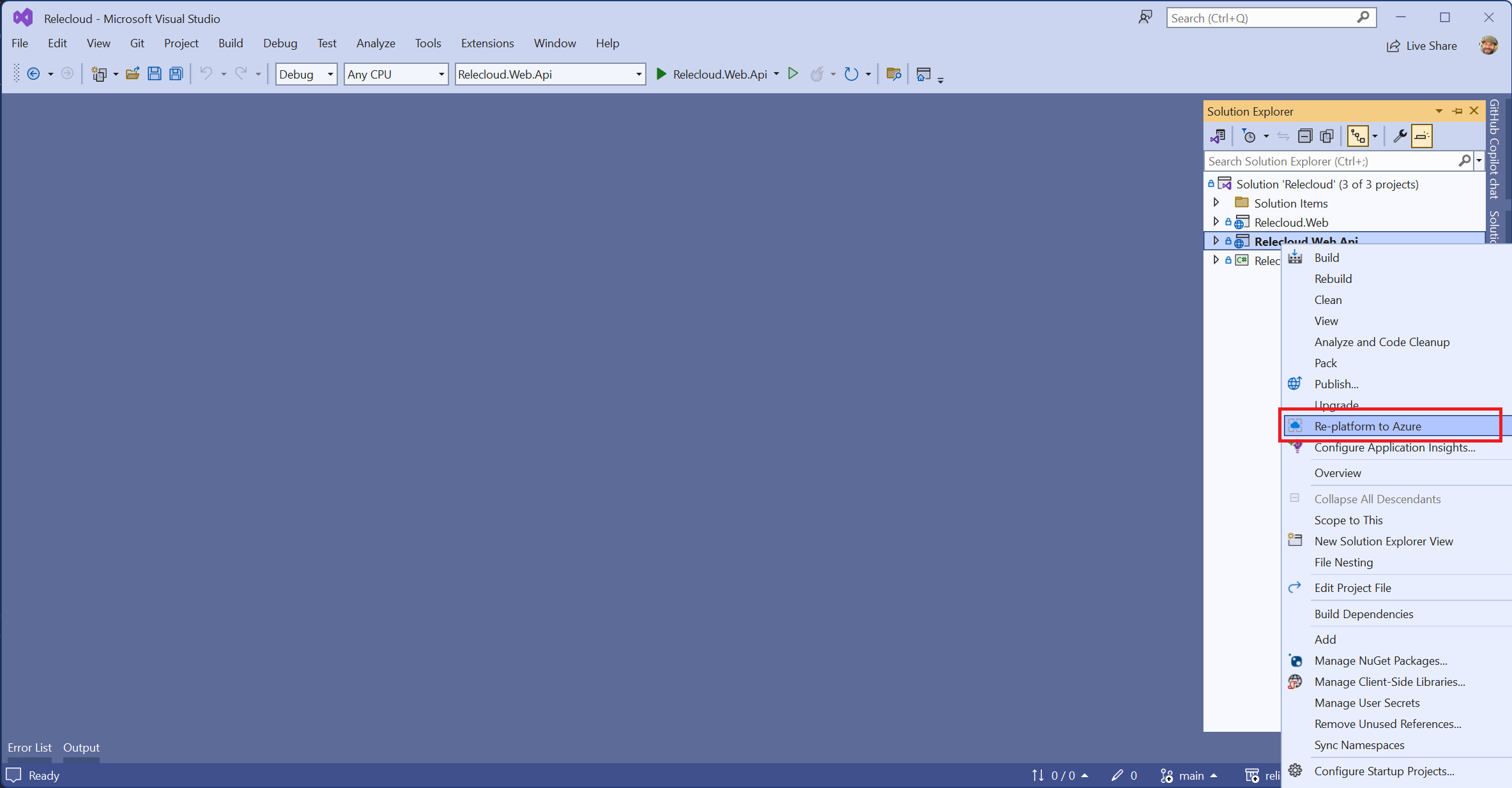 Schermopname van het menu-item 'herplatformen naar Azure' in Visual Studio