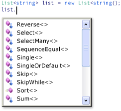 Schermopname van alle standaardqueryoperators in Intellisense.