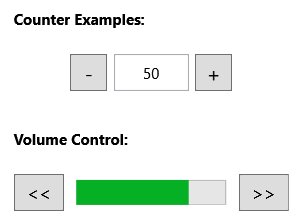 Twee RepeatButton-controllers die de typische plaatsing aan het einde van een tellervak demonstreren.