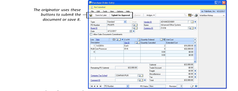 Button for save or submit the document