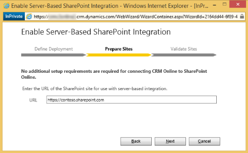 De URL van de SharePoint-site invoeren De URL van de SharePoint-site invoeren.