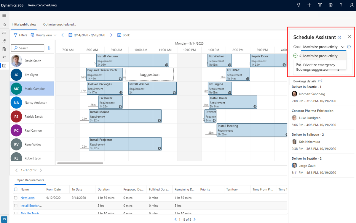 Schermopname van de planningsassistent met optimalisatiedoelen op het planbord.