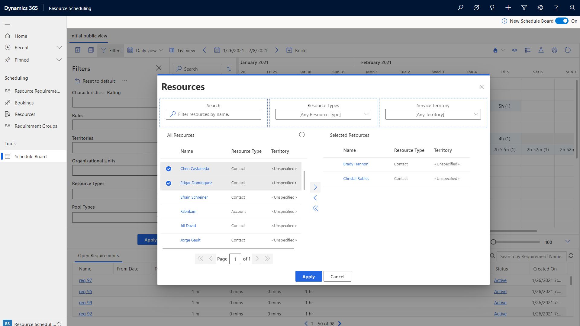 Schermopname van het dialoogvenster Resources op het planbord in Customer Service.