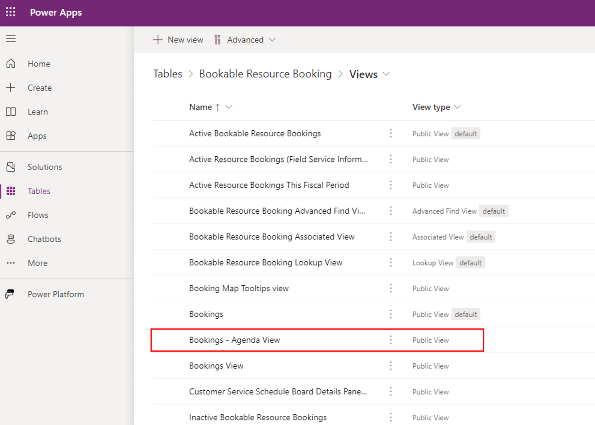 Agendaweergave in de lijst met weergaven in de Power Apps Maker-ervaring.