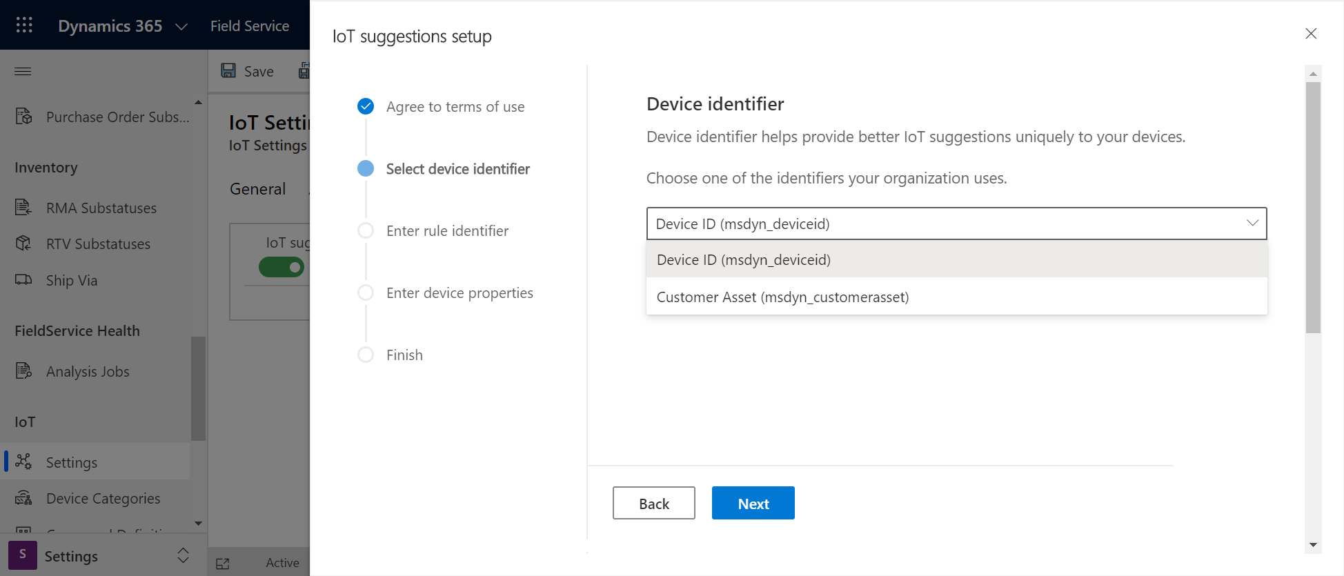 Schermopname van het installatiescherm voor IoT-suggesties waarin de sectie Apparaat-id's wordt weergegeven.