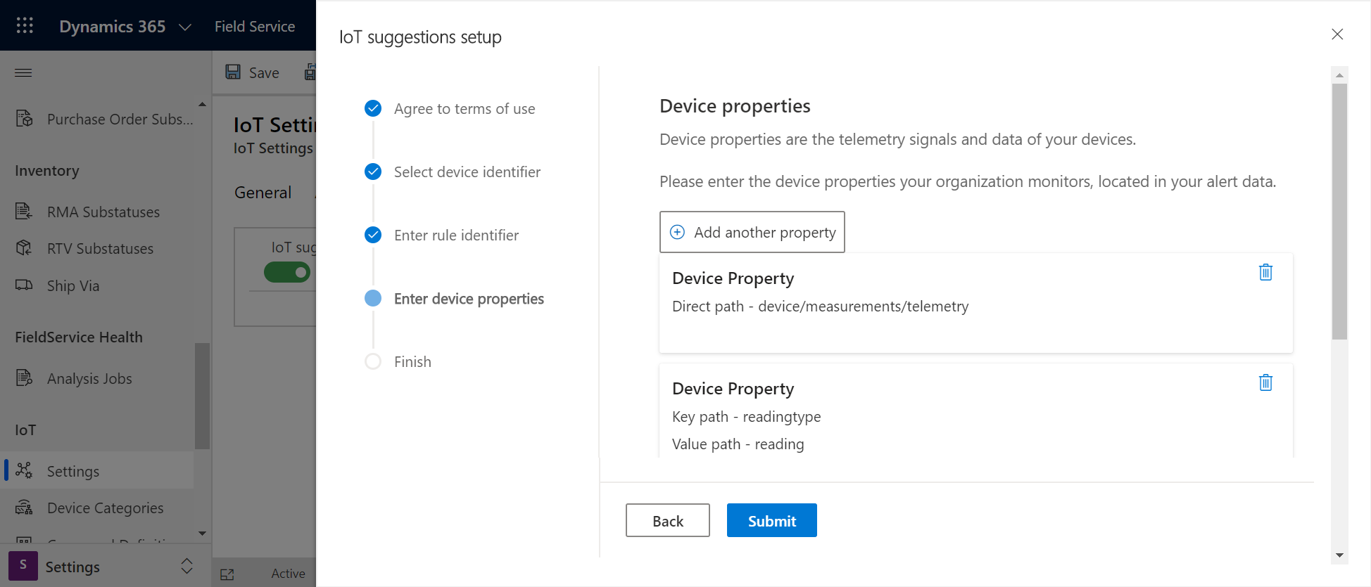 Schermopname van het installatiescherm voor IoT-suggesties waarin de sectie Apparaateigenschappen wordt weergegeven.