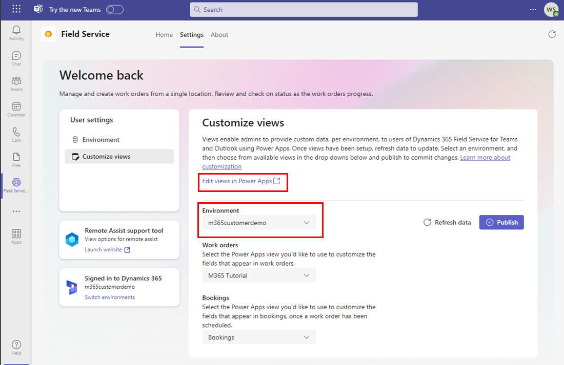 De pagina Field Service-instellingen met Weergaven aanpassen met omgeving en Weergaven bewerken in Power Apps gemarkeerd.