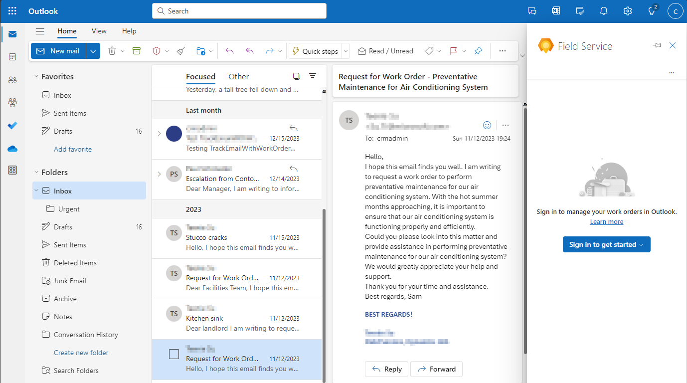 Schermopname van het Outlook-menu Meer acties, met de menuknop en Field Service gemarkeerd.
