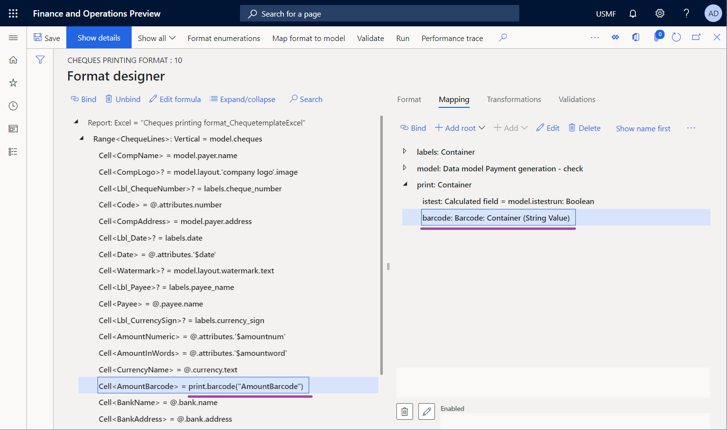 Details van de gegevensbron Streepjescode in de ER Operations-ontwerper.