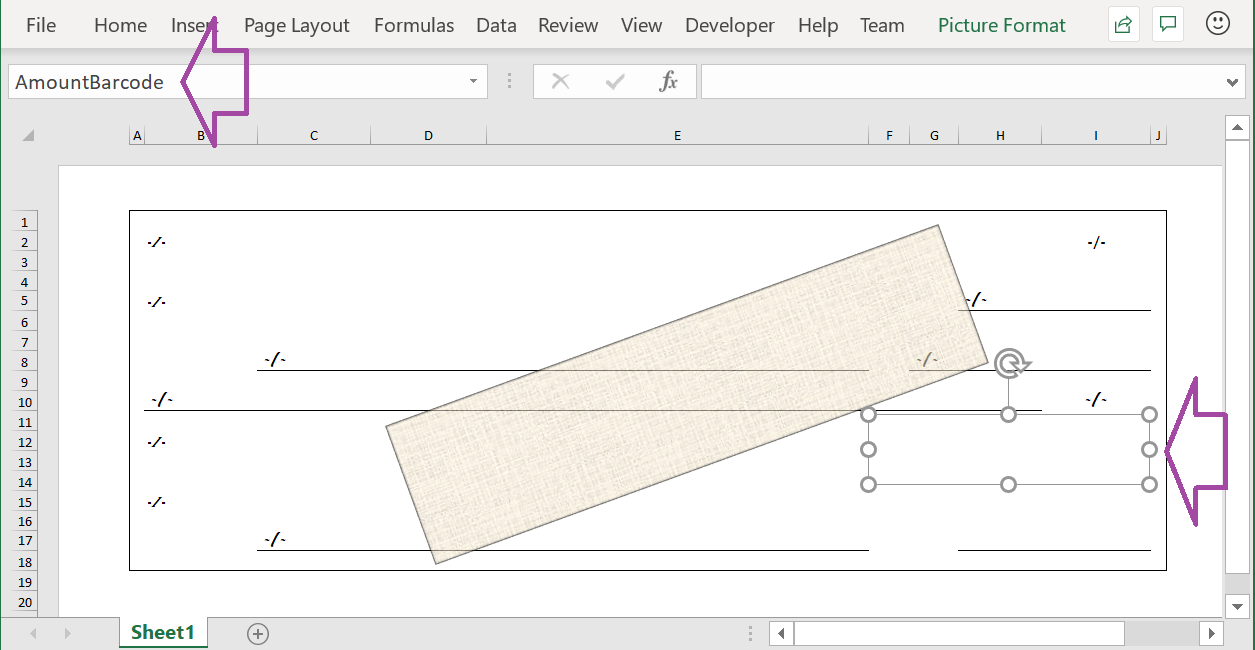 AmountBarcode-element in de Excel-sjabloon.