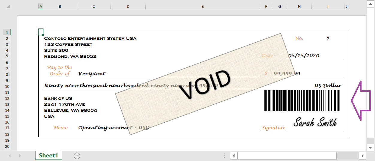 Gegenereerde betaalcheque met streepjescode in Excel.